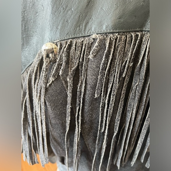 Vintage 1980s Leather Fringe Jacket Gray, Ostrich Print Leather and Suede - Sz M - Picture 5 of 17